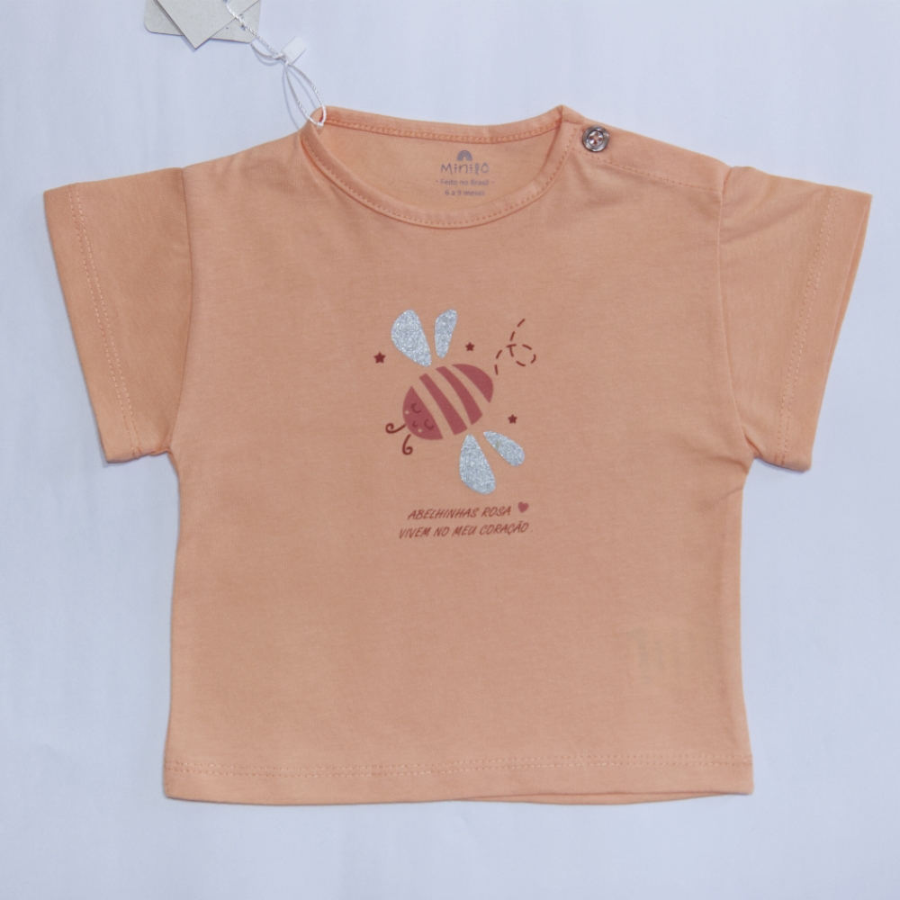 Camiseta Meia Malha Estampada Abelhas Rosas