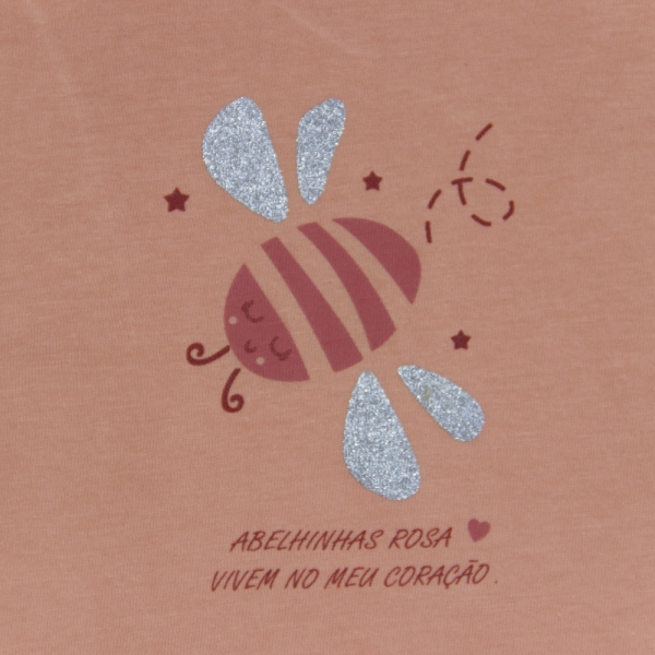Camiseta Meia Malha Estampada Abelhas Rosas